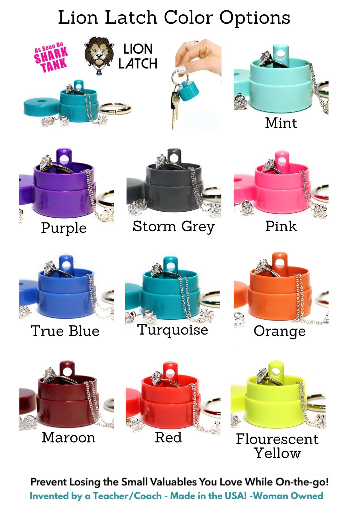 Lion Latch - Solid Colors: Traveling Jewelry Holder Storage, Pill Box Keychain Container. As Seen on Shark Tank.