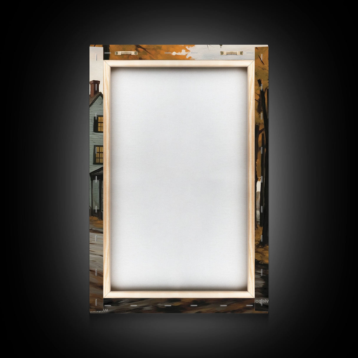 Salem Witch With Her Black Cats, Halloween Landscape Vintage Style Folk Art, Horror Art, Haunted Church, Spooky Village Halloween Art