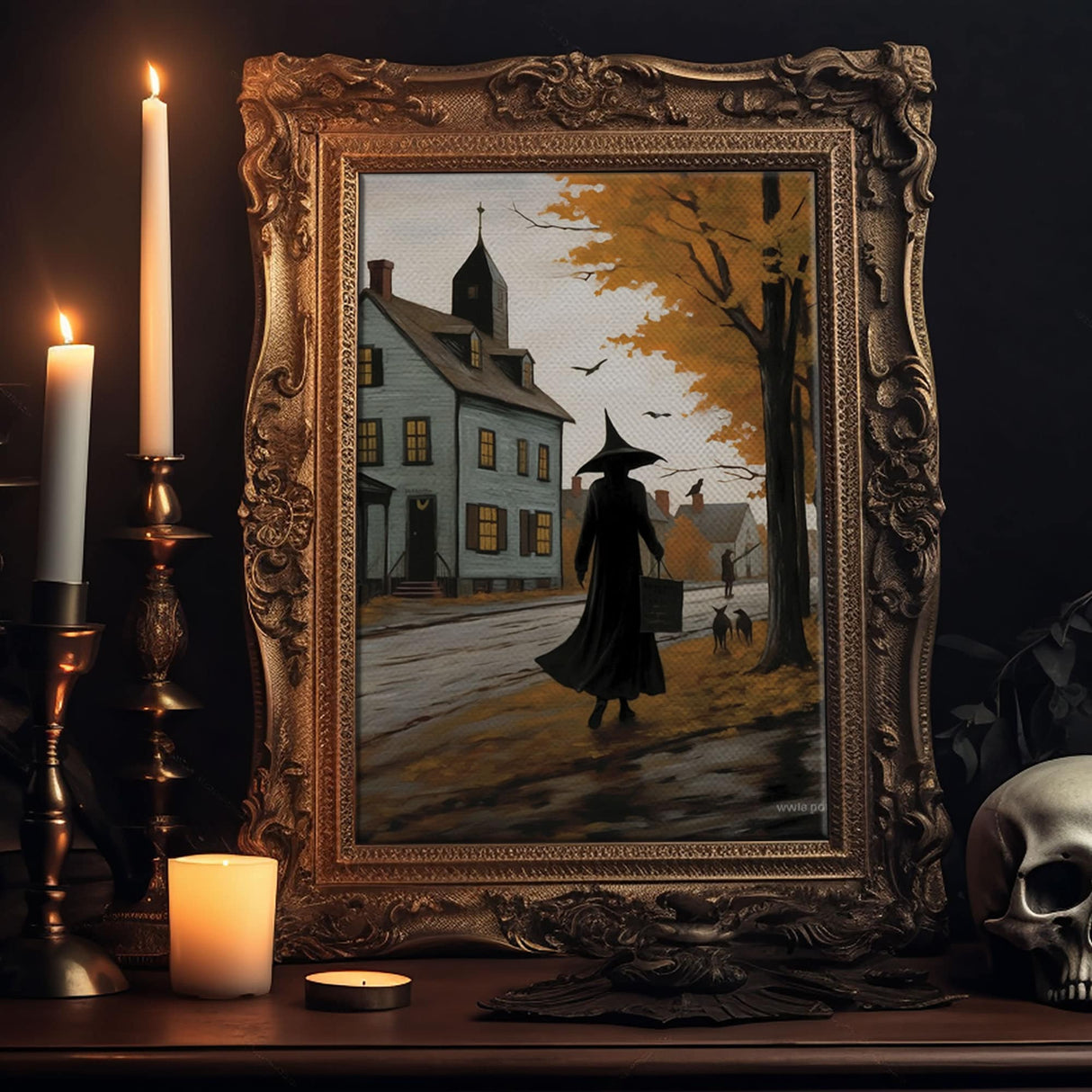 Salem Witch With Her Black Cats, Halloween Landscape Vintage Style Folk Art, Horror Art, Haunted Church, Spooky Village Halloween Art