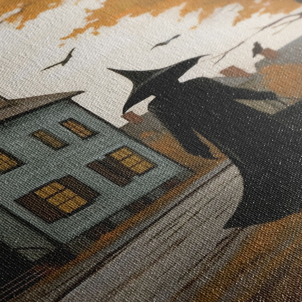 Salem Witch With Her Black Cats, Halloween Landscape Vintage Style Folk Art, Horror Art, Haunted Church, Spooky Village Halloween Art