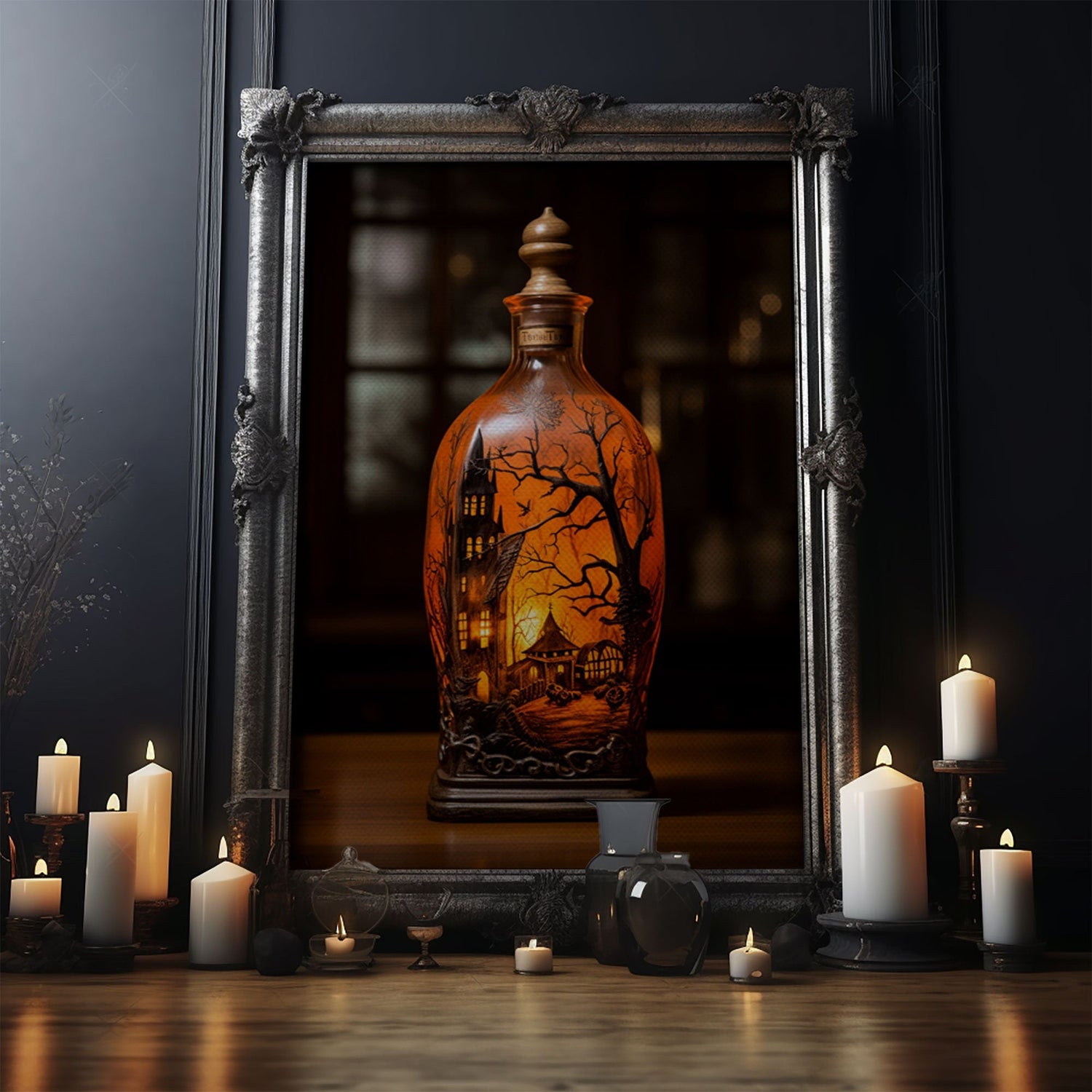 Spooky Jar - Haunted House In A Jar - Mini Worlds - Creepy Halloween Art - Framed Canvas Print