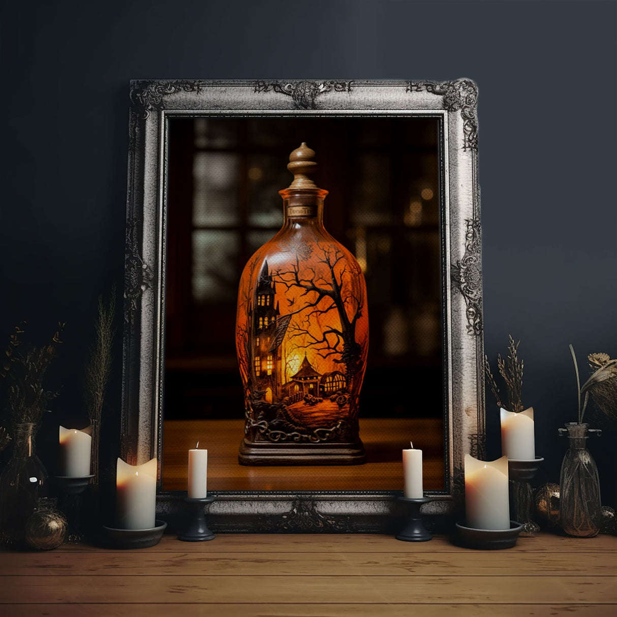 Spooky Jar - Haunted House In A Jar - Mini Worlds - Creepy Halloween Art - Framed Canvas Print