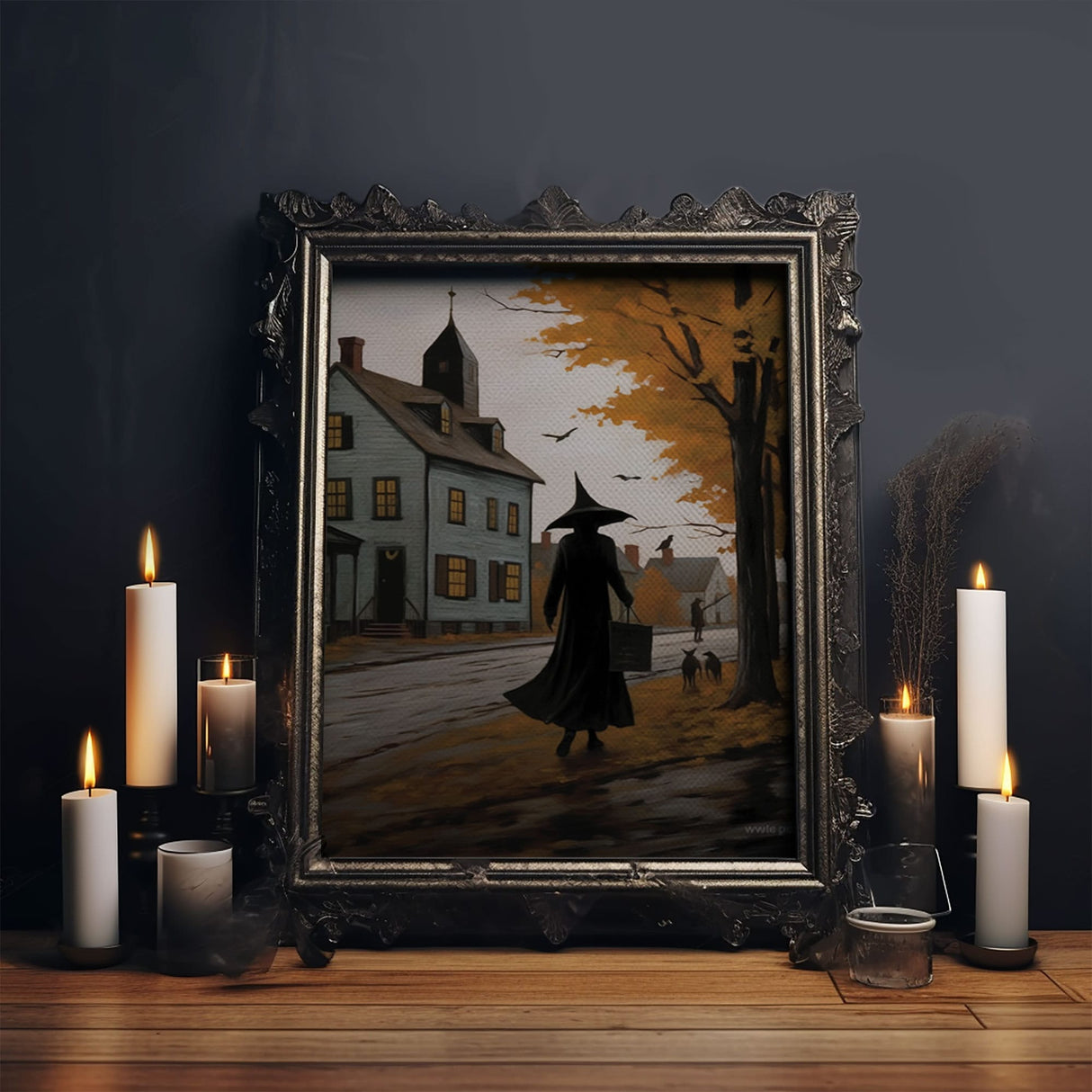 Salem Witch With Her Black Cats, Halloween Landscape Vintage Style Folk Art, Horror Art, Haunted Church, Spooky Village Halloween Art