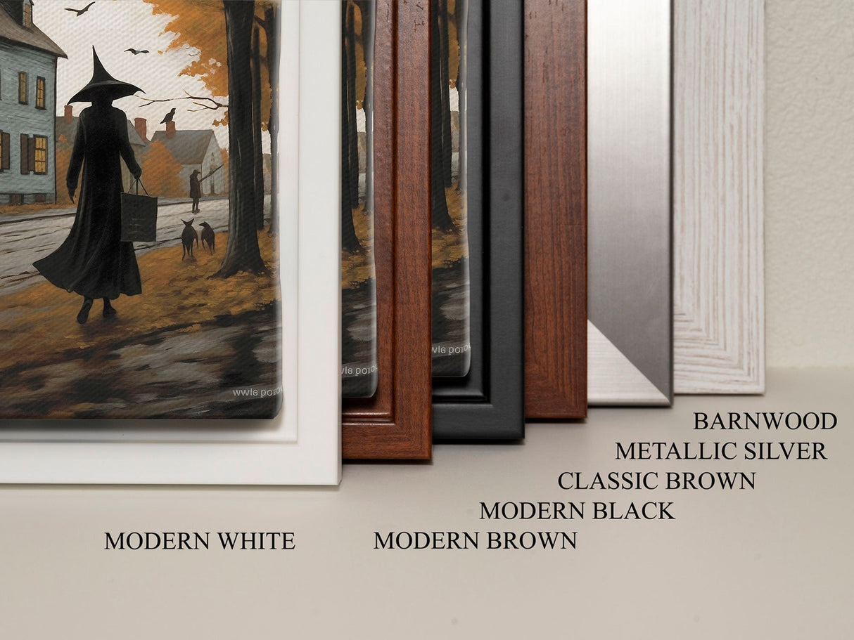 Salem Witch With Her Black Cats, Halloween Landscape Vintage Style Folk Art, Horror Art, Haunted Church, Spooky Village Halloween Art