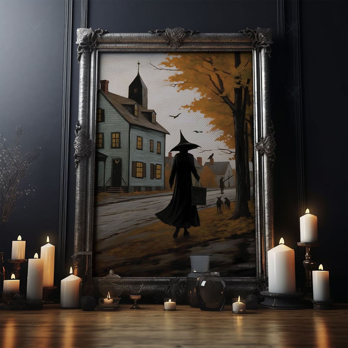 Salem Witch With Her Black Cats, Halloween Landscape Vintage Style Folk Art, Horror Art, Haunted Church, Spooky Village Halloween Art