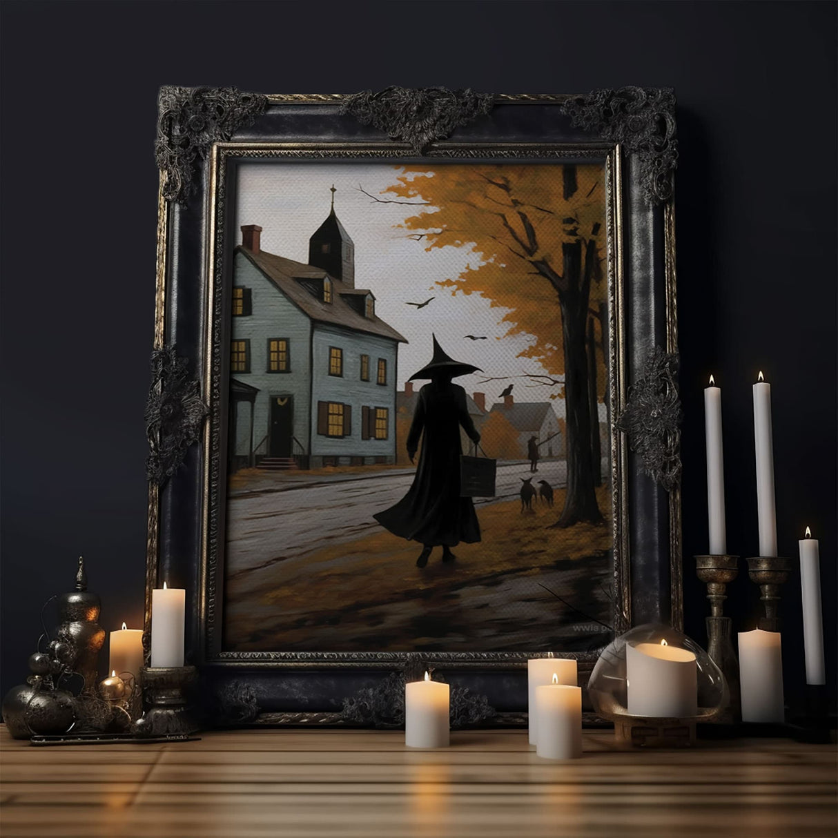 Salem Witch With Her Black Cats, Halloween Landscape Vintage Style Folk Art, Horror Art, Haunted Church, Spooky Village Halloween Art