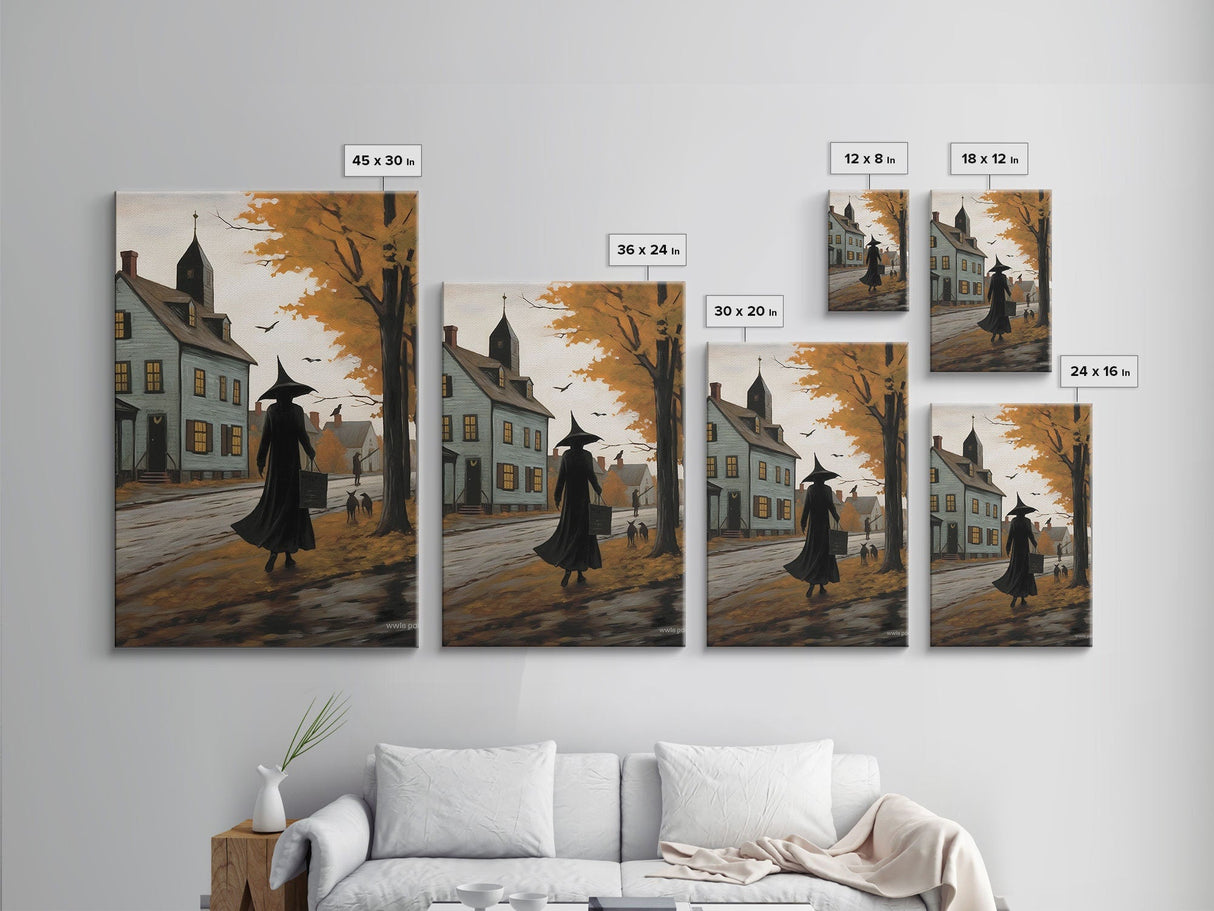 Salem Witch With Her Black Cats, Halloween Landscape Vintage Style Folk Art, Horror Art, Haunted Church, Spooky Village Halloween Art