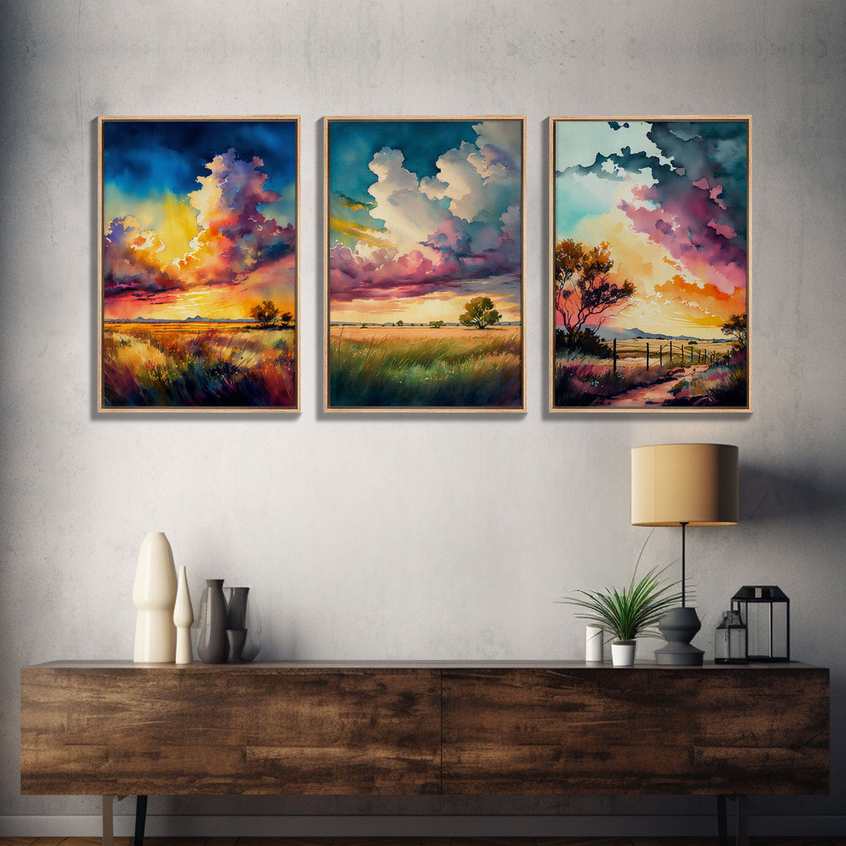 Texas Landscape Wall Art Set, Watercolor Paintings Canvas Print Original, Abstract Landscape Art Framed, Set of 3
