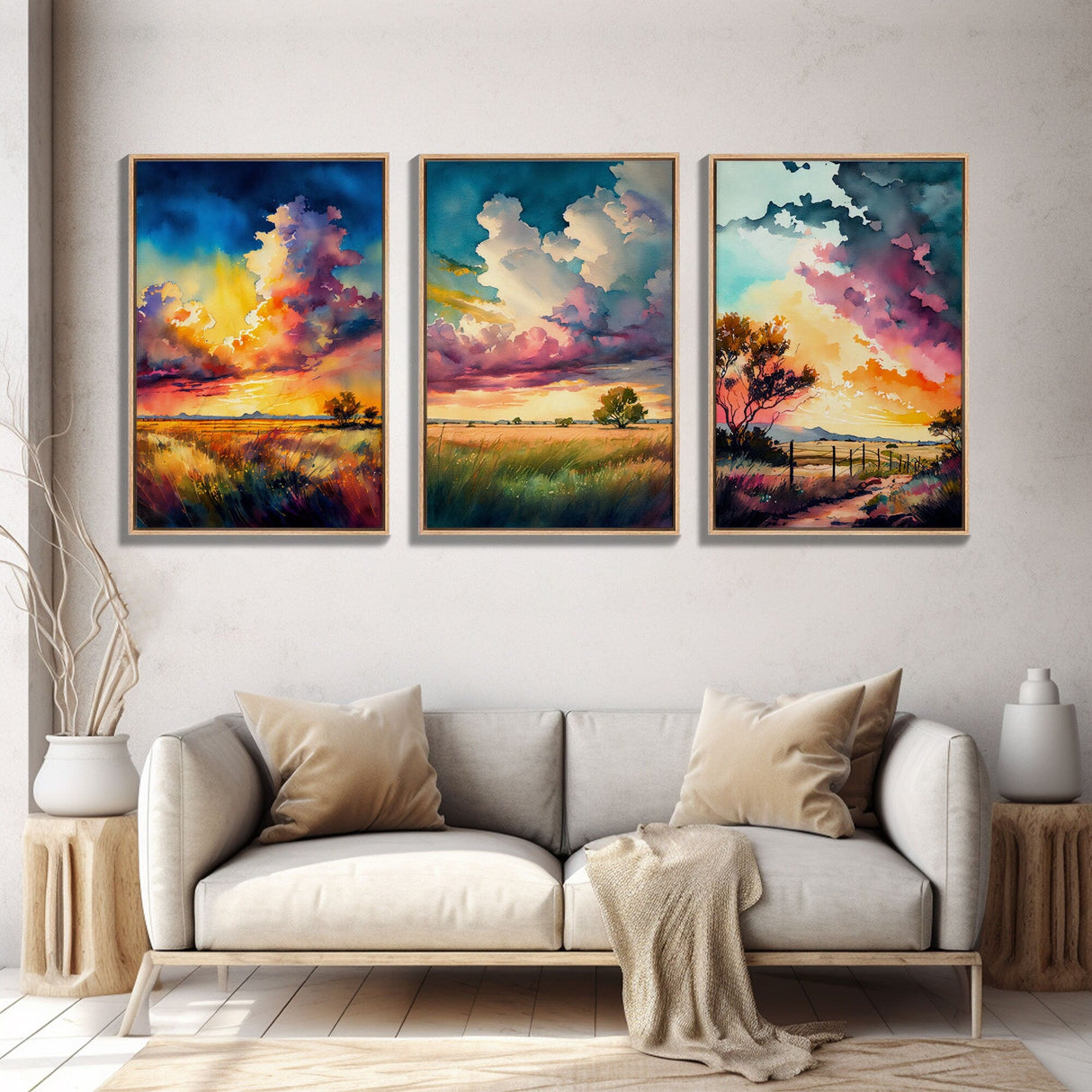 Texas Landscape Wall Art Set, Watercolor Paintings Canvas Print Original, Abstract Landscape Art Framed, Set of 3