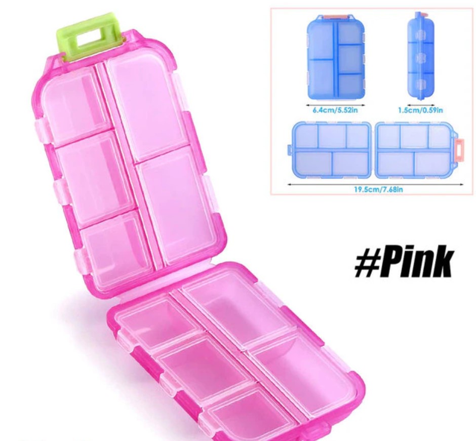 Travel Pill Organizer 10 space Box With 1000+ Free Labels Download