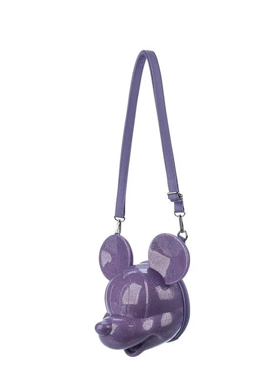 Disney Parks Mickey Mouse Loungefly Molded Head Purple Glitter Crossbody