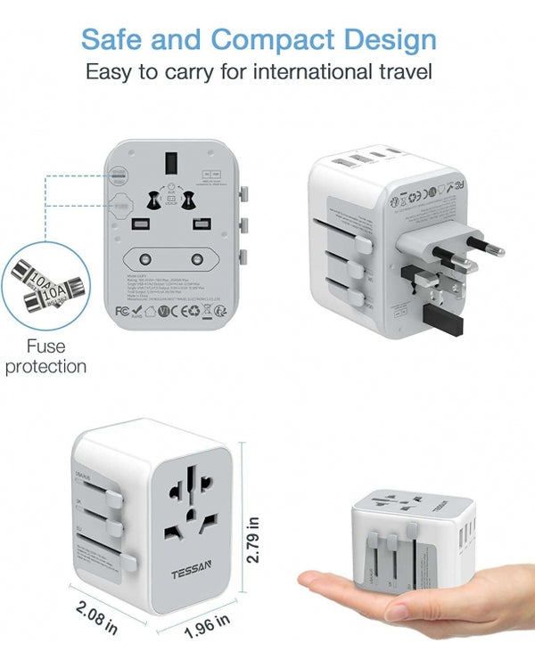 2500W, 10 amp - Universal Travel Adapter with 3 USB C and 2 USB Ports
