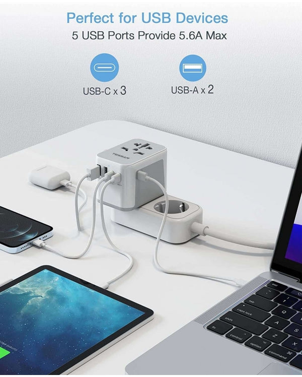 2500W, 10 amp - Universal Travel Adapter with 3 USB C and 2 USB Ports
