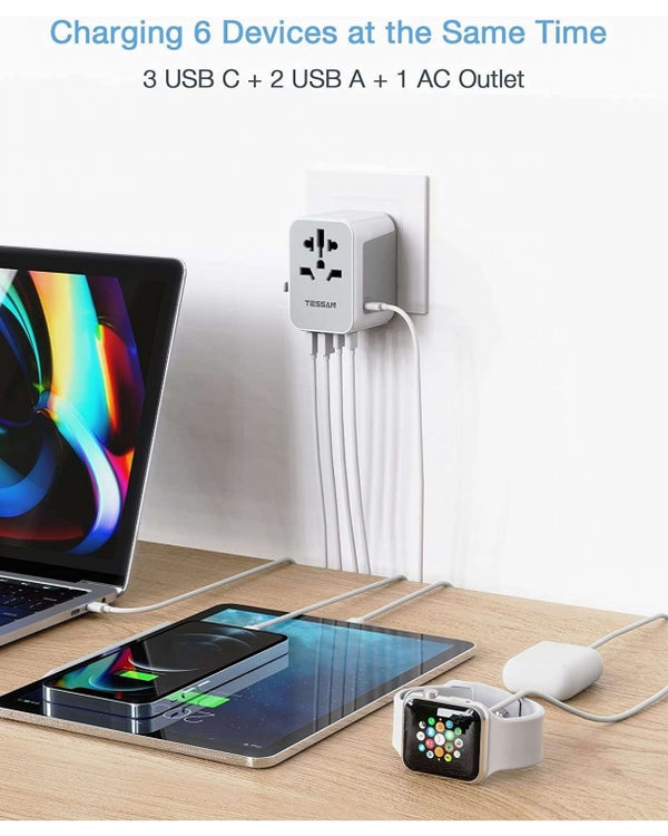 2500W, 10 amp - Universal Travel Adapter with 3 USB C and 2 USB Ports