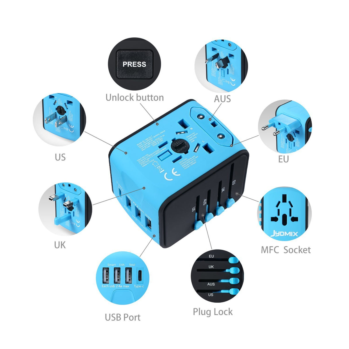 Universal Plug Adapter With 3 USB & 1 Type-C port