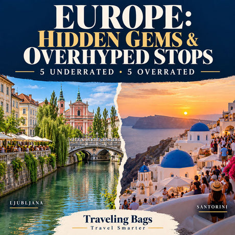Square travel graphic contrasting an illustrated Ljubljana riverside scene with Santorini, titled Europe: Hidden Gems & Overhyped Stops.