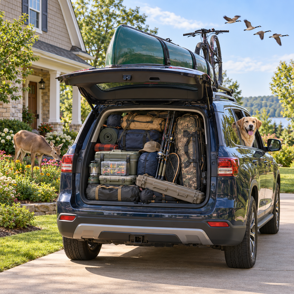 An SUV packed with bags, gear cases and a canoe on the roof, loaded up and ready to leave for a hunting trip