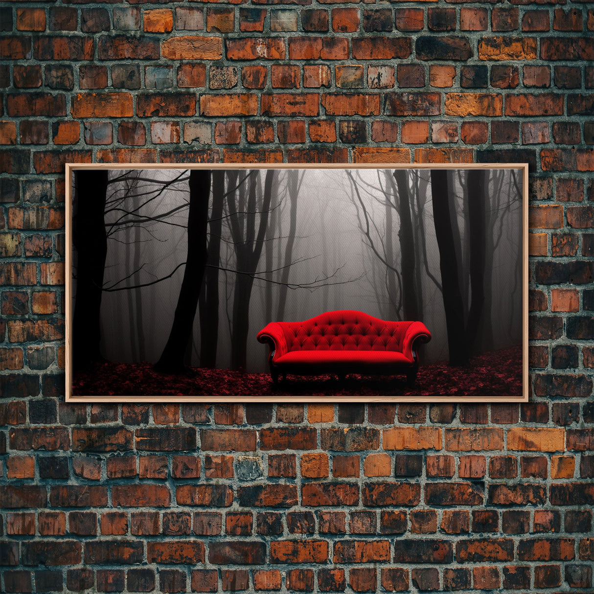 Red Sofa In A Forest Framed Canvas Print, Thought Provoking Art, Framed Art, Creepy Photography, Halloween Art