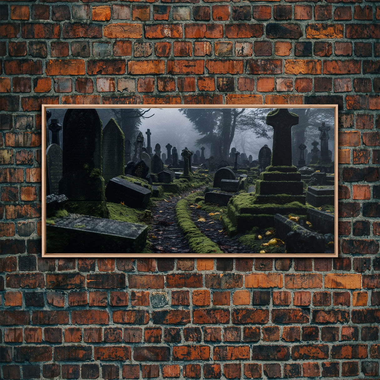 Moss Covered Cemetary, Haunted Graveyard Photography, Halloween Decor, Framed Canvas Print, Halloween Wall Art