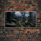 Moss Covered Cemetary, Haunted Graveyard Photography, Halloween Decor, Framed Canvas Print, Halloween Wall Art