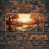 Fall Centerpiece Landscape Painting Canvas Print, Stained Glass Style Art, Stained Glass Wall Art, Autumn Decor, Rustic Fall Art, Fall Decor