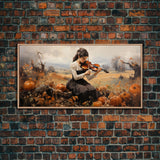 Girl Violinist, Fall Wall Decor, Pumpkin Decor, Canvas Print, Wall Hanging, Panoramic Art, Country Home Decor, Violin Wall Art, Gift For Her