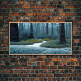 Cabin art, snow covered winter forest, winter vacation home art, framed canvas print, ready to hang framed wall art
