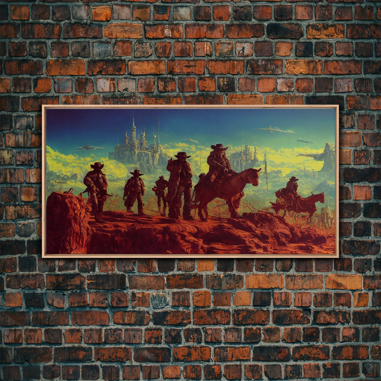 Space Cowboys, Wildwest Scifi Mashup Fantasy Art, framed canvas print, ready to hang framed wall art