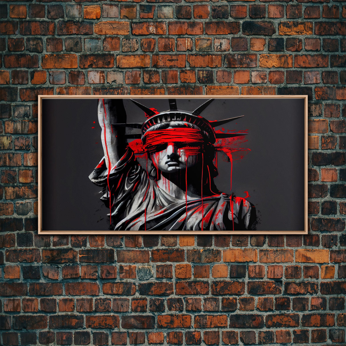Statue of liberty wearing a bloody blindfold, Dystopian graffiti art, NYC, framed canvas print, pop art Statue of Liberty