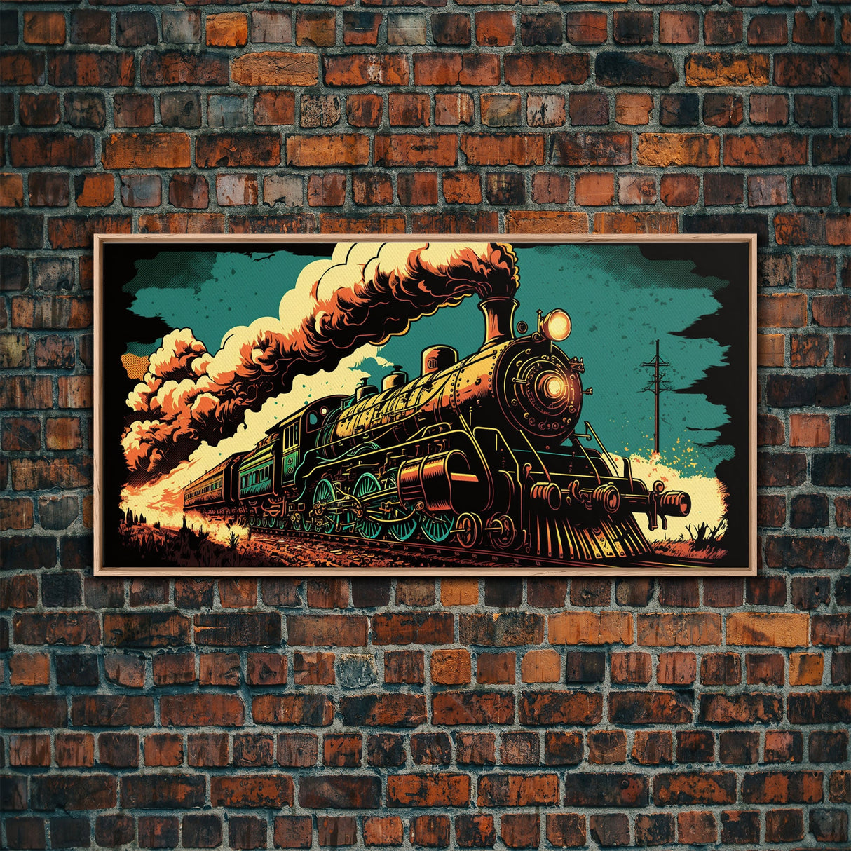Pop Art Steam Train, Framed Canvas Print, Cool Wild West Decor, Western Art, Framed Colorful Pop Art
