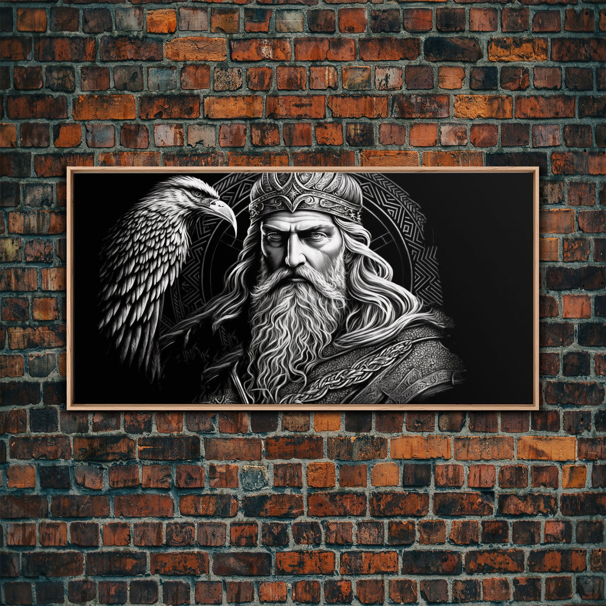 Black and White Portrait of Odin and Muninn, King of The Gods, Framed Canvas Print, Odin's Ravens, Norse Mythology Art