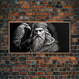 Black and White Portrait of Odin and Muninn, King of The Gods, Framed Canvas Print, Odin's Ravens, Norse Mythology Art