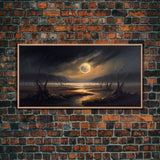 Midnight In The Swamp, Framed Canvas Print, Fantasy Art Canvas, Wall Art, Game Room Art, Full moon