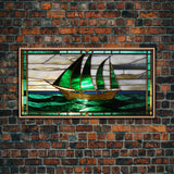 Emerald Green and Gold Art Deco Sail Boat, Framed Canvas Print, Retro MCM Style Wall Art, Midcentury Modern, Vintage Style, Stained Glass