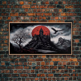Horror Art, Haunted Castle and Blood Moon, Framed Canvas Print, Goth Art, Gothic Decor, Cool Wall Art