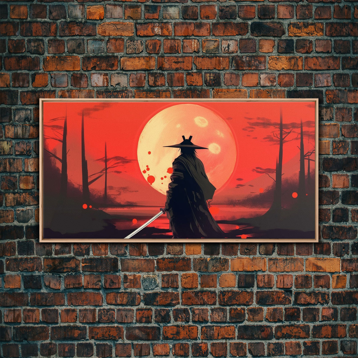 Mysterious Samurai and Blood Moon Print on Canvas, Framed Canvas Print, Modern Wall Art, Canvas Wall Set , Extra Large Wall Art, Warrior Art