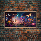 Vibrant Fantasy Forest Wall Art, The Forest Floor, Bioluminescent Glowing Butterflies, Gift, Framed Canvas Print