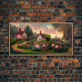 English cottage with rose garden, canvas print, cute English countryside wall art