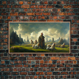 Shepherd and his flock, sheep painting, farmhouse art, watercolor canvas print, Giclee print