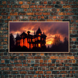 Spooky Halloween Wall Art, Haunted House Canvas Print, Ready to hang canvas, orange creepy house at night, Wall Decor