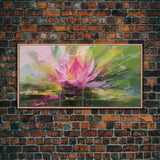 Oil Painting Pink Flower, Pink Water Lily Wall Art, Nature Wall Decor, Panoramic Wall Decor, Canvas Print, Wall Art, Framed Canvas Art