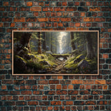 SlightlyScorched Framed Canvas Print Emerald Green Fantasy Forest, Mountain Forest Lake Landscape Minimalist Modern Art Nature Wall Decor