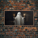 Cute Ghost Holding Candles, Framed Canvas Print, Dark Academia Wall Art, Victorian Oil Painting Style Halloween Wall Art, Ghost Print