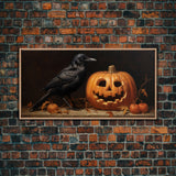 Spooky Crow Print, The Raven and The Jack O Lantern, Halloween Wall Art, Victorian Oil Painting