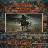 Ghost Cowboy Art, Framed Canvas Print, Halloween art, spooky decor, cowboy art, western decor, grim reaper on a horse in the desert