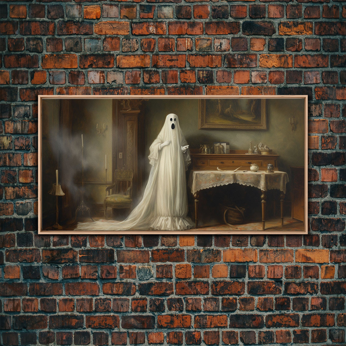 Sheet Ghost Wall Art, Framed Canvas Print, halloween decor, Halloween wall art,  ghost print, dark academia, victorian oil painting