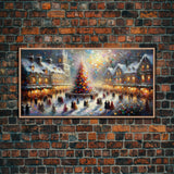 Retro Style Christmas Canvas Print | Framed Canvas Print | Christmas Village | Winter Wonderland | Impasto Style Painting | Seasonal Decor
