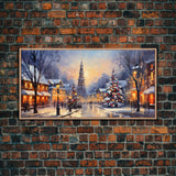 Christmas Centerpiece Wall Art - Framed Canvas Print - Winter Wonderland Victorian Village Decorated for Christmas Canvas Wall Art