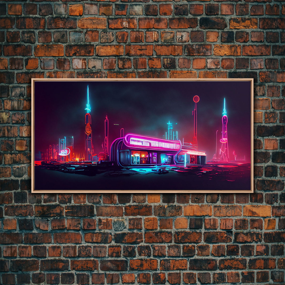 Neon Cyberpunk Diner, Retrofuturism, Framed Ready To Hang Canvas Print, beautiful wall art, guest room decor