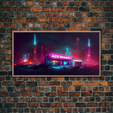 Neon Cyberpunk Diner, Retrofuturism, Framed Ready To Hang Canvas Print, beautiful wall art, guest room decor